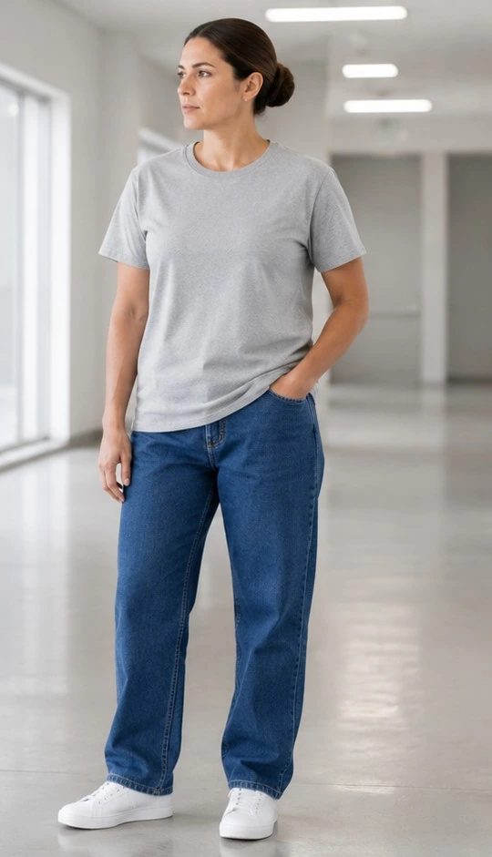 Adult model wearing a grey crew T-shirt and blue jeans