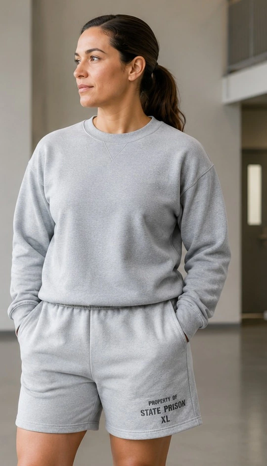 Adult model wearing a grey crewneck sweatshirt and grey facility shorts