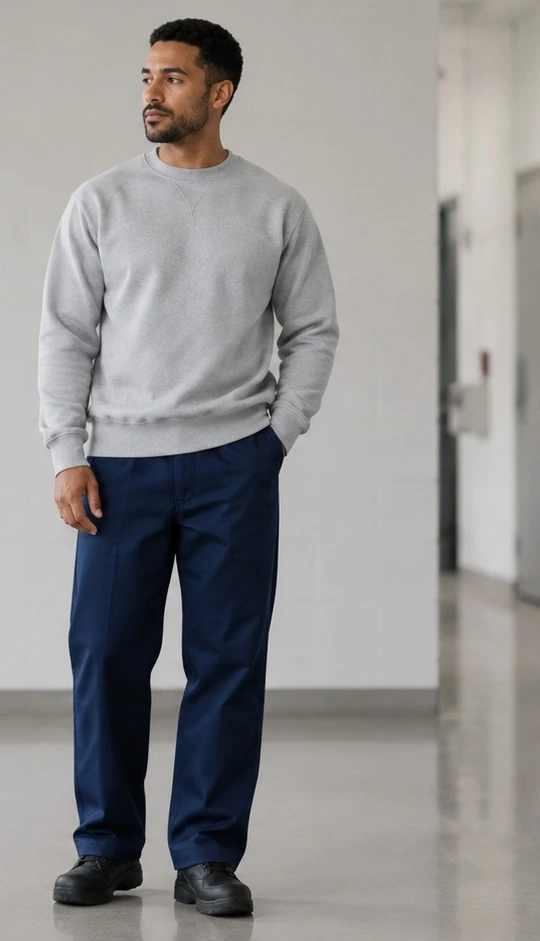 Adult model wearing a grey crewneck sweatshirt and navy facility pants