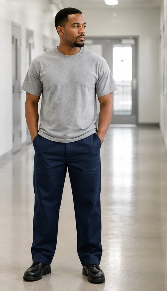 Adult model wearing a grey crew T-shirt and navy correctional work pants